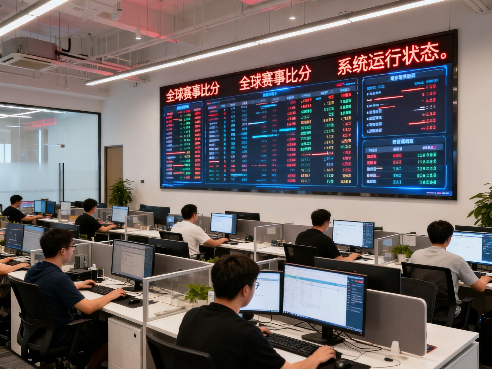 电竞比分网成都总部办公室内景，数十名员工在开放式工位上专注工作，背景墙上巨大的LED数据大屏实时滚动全球赛事比分与系统运行状态