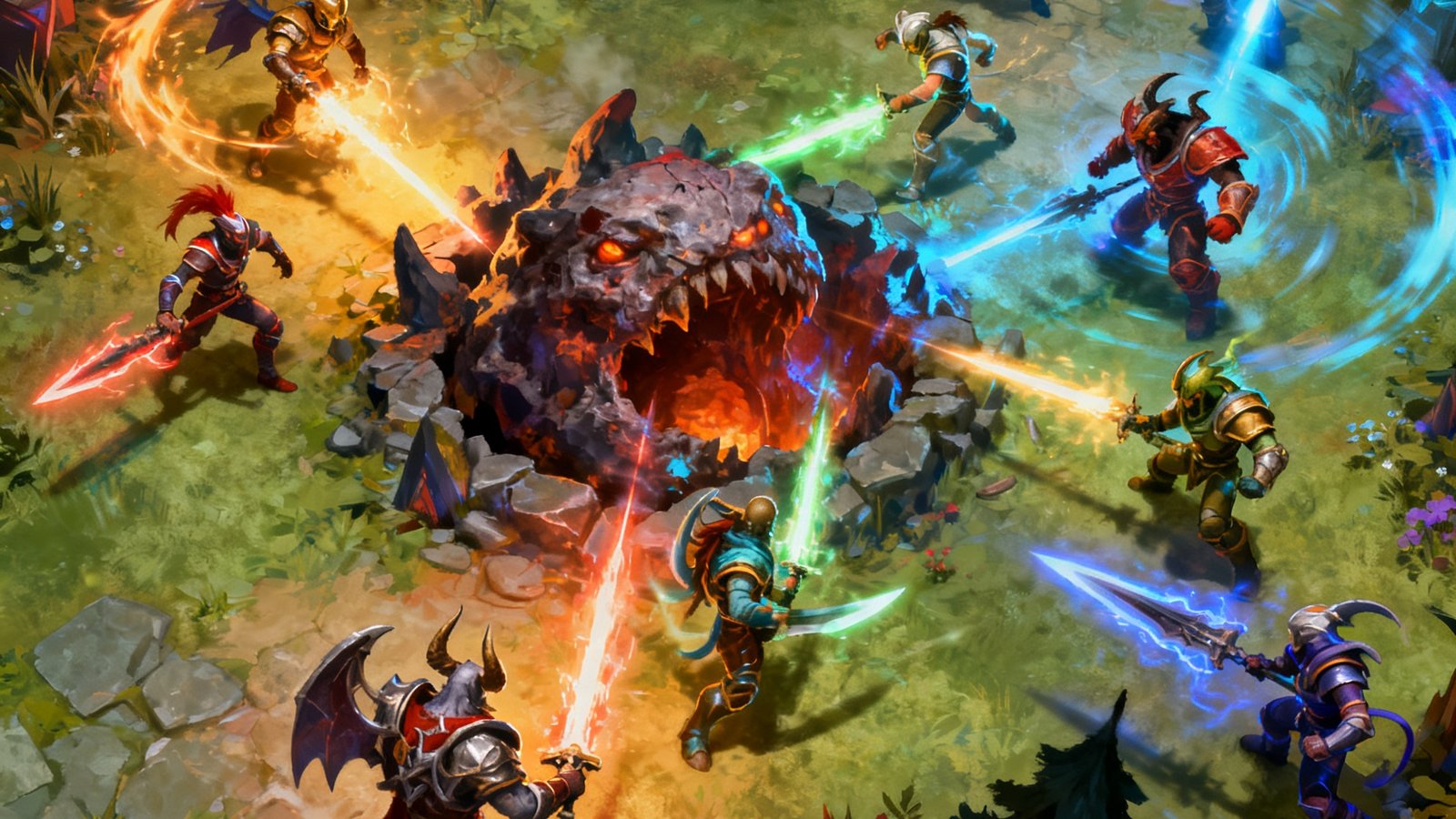 DOTA2国际邀请赛关键局中双方围绕肉山巢穴展开殊死争夺，英雄们释放终极技能，场面混乱而精彩